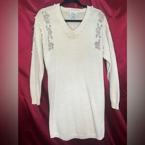 Mister Noah Cream Knit Sweater Dress with Floral Accents